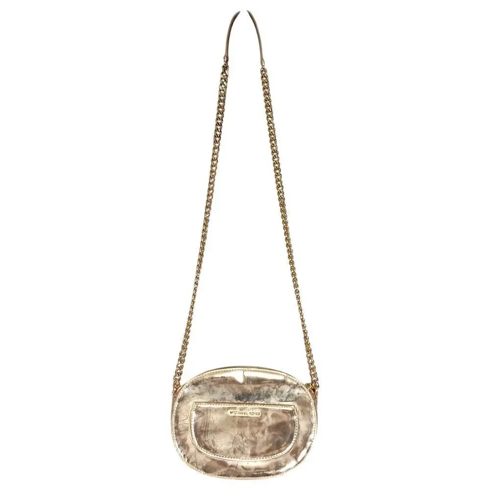 Michael Kors Handbag Small Womens Gold Leather Crossbody Chain Strap Fabric Zip